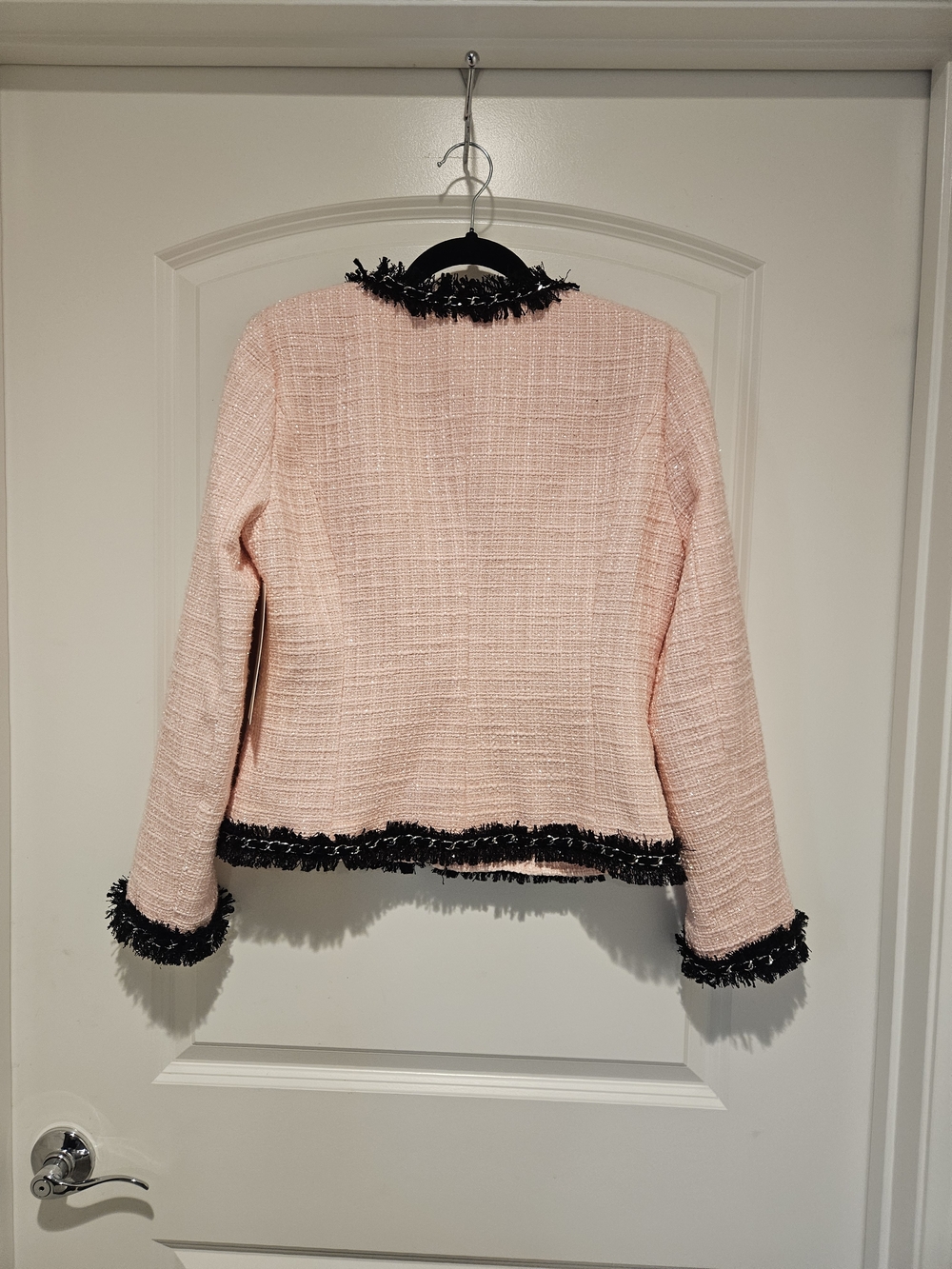 Boston Proper Pink Tweed Jacket with Black Fringe Trim #924 - Picture 2 of 8